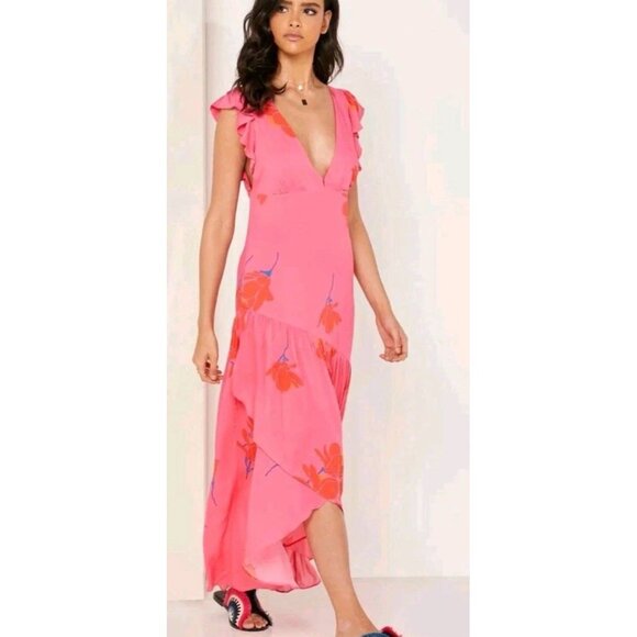 Free People Tropical Hawaiian Hibiscus Hot Pink Floral Maxi  Drtess Sz 4 # 1513 - Picture 10 of 13